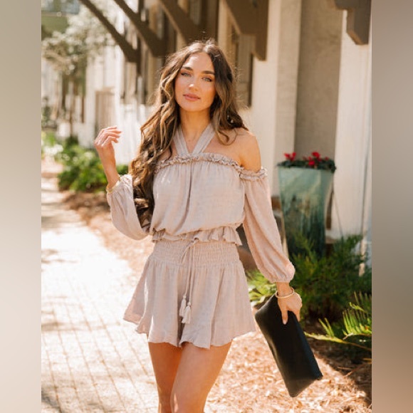 Vici Dresses & Skirts - VICI Collection byway Swiss dot cold shoulder crop top + smocked tassel in taupe